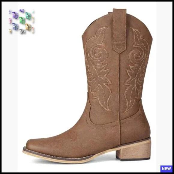 Square Toe Mid Calf Cowgirl Boots Retro Embroidery Low Chunky Heel Pull On - Picture 4 of 7